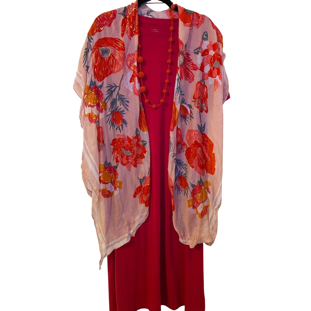 Boho Bundle Woven Heart Floral Kimono Red Bamboo Dress & Beaded Necklace Set M L